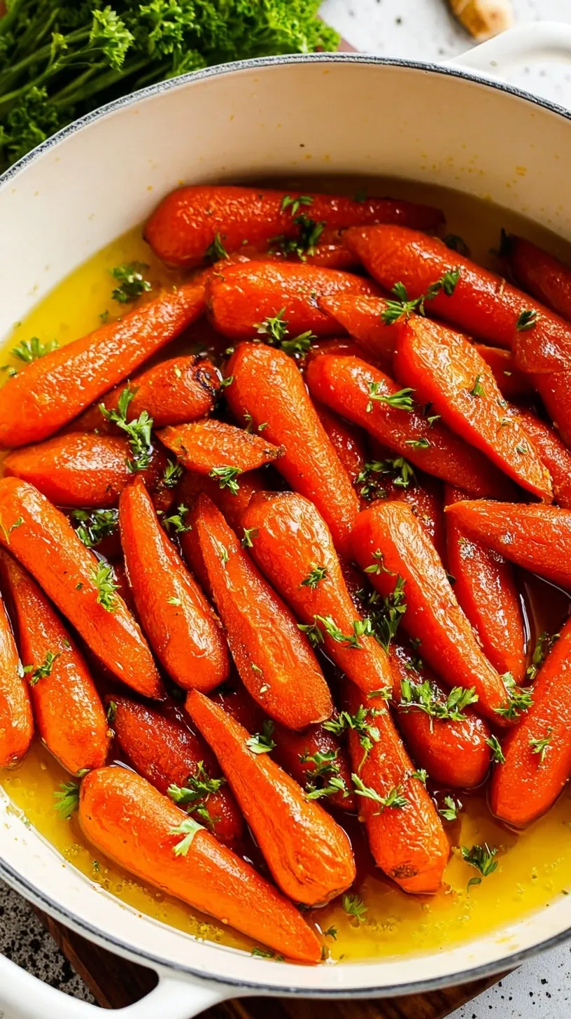 A skillet filled with tender sliced carrots coated in a shiny brown sugar and butter glaze garnished with fresh parsley.