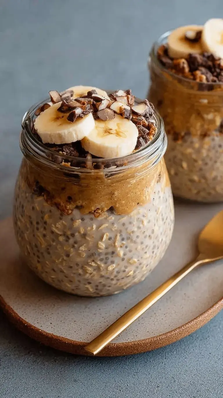 A glass mason jar filled with creamy brown sugar overnight oats topped with a sprinkle of cinnamon.