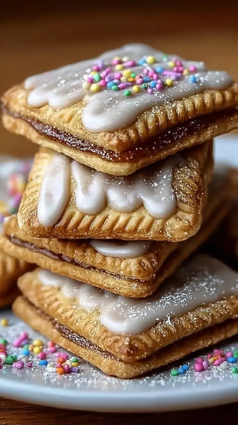 A stack of soft brown sugar pop tart cookies with maple glaze drizzle and cinnamon sprinkles.