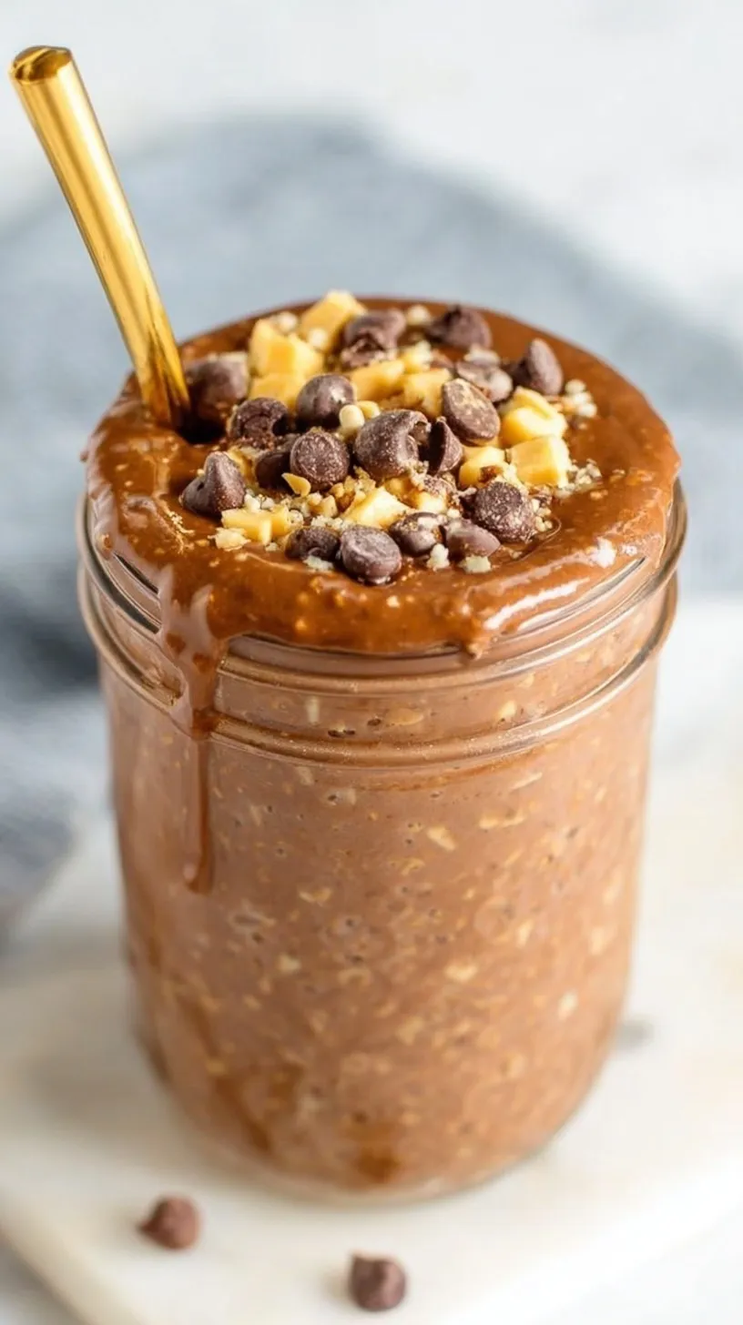 A glass jar filled with thick chocolate brownie batter overnight oats topped with chocolate chips.