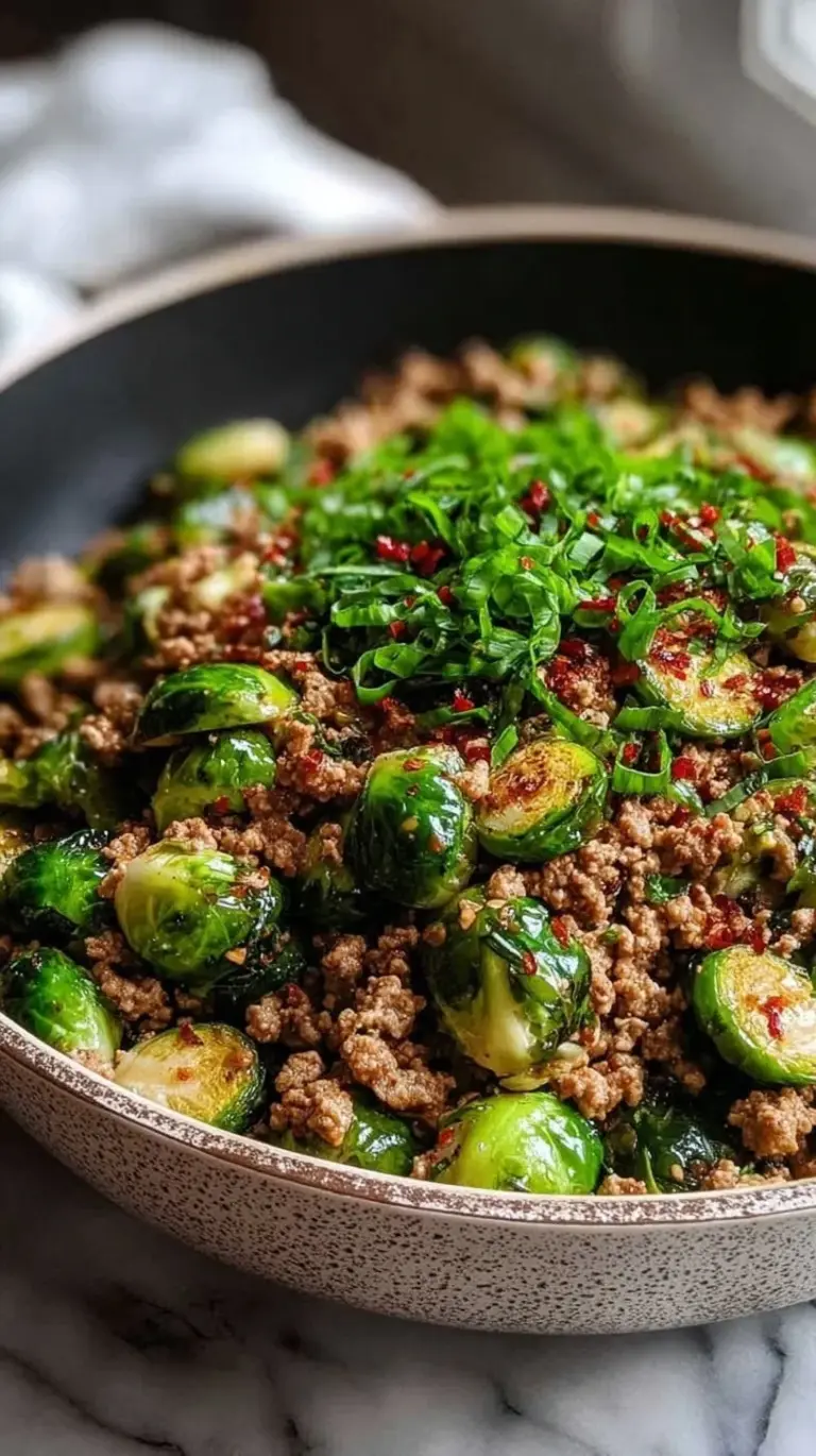 A steaming skillet filled with browned ground turkey and caramelized shaved Brussels sprouts