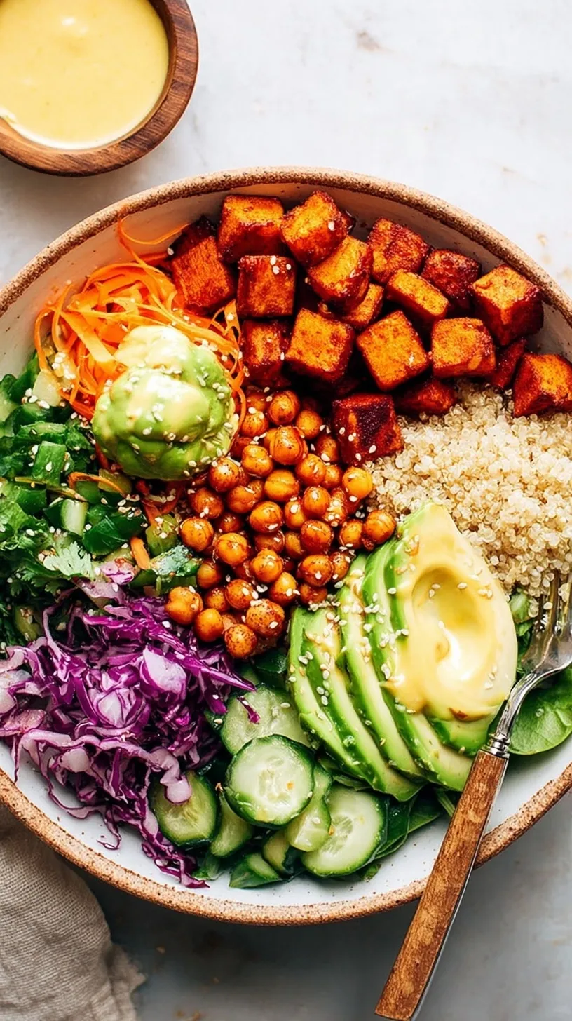 A vibrant Classic Buddha Bowl with roasted sweet potatoes, quinoa, kale, and avocado