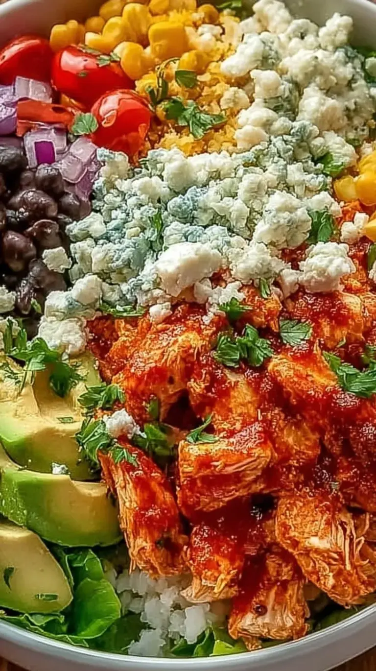 A vibrant bowl filled with shredded buffalo chicken, white rice, carrots, celery, and blue cheese crumbles.