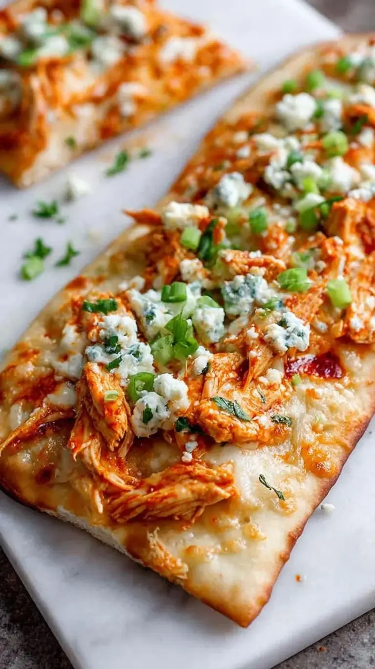 Crispy buffalo chicken flatbread with blue cheese and ranch drizzle