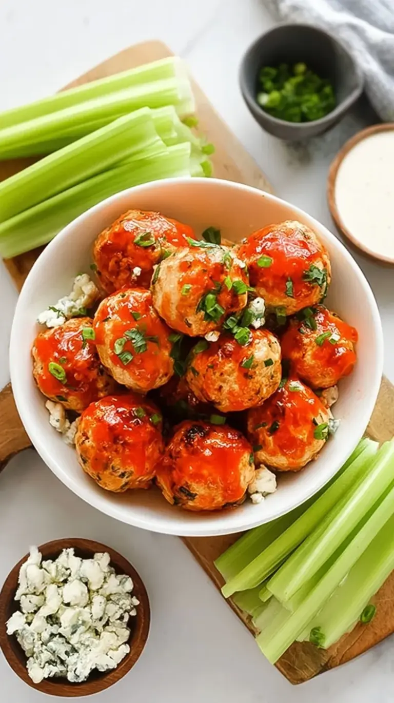 A platter of spicy Buffalo Chicken Meatballs drizzled with sauce and served with celery and ranch