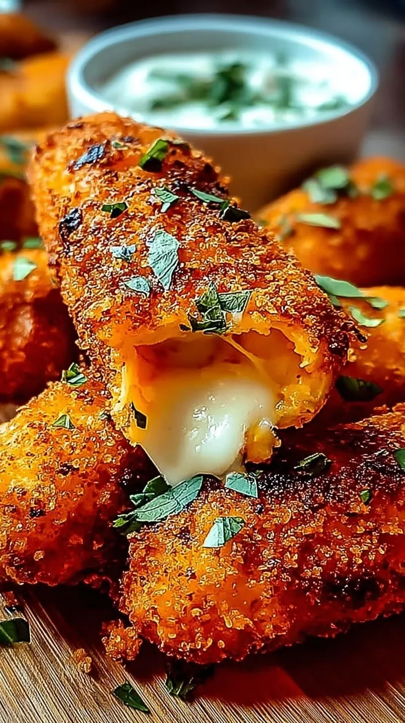 Golden brown buffalo chicken mozzarella sticks stacked on a plate with ranch dipping sauce