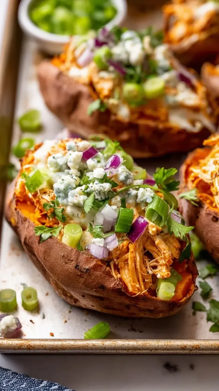 A roasted sweet potato sliced open and stuffed with spicy buffalo chicken, topped with green onions and ranch drizzle.