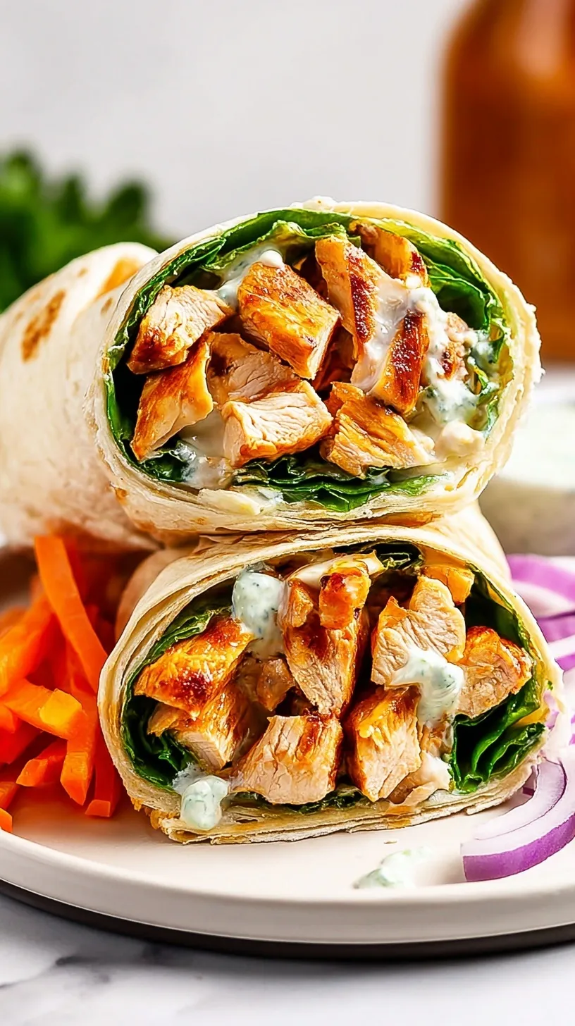 A sliced Buffalo Chicken Wrap showing spicy chicken, fresh lettuce, and ranch dressing.