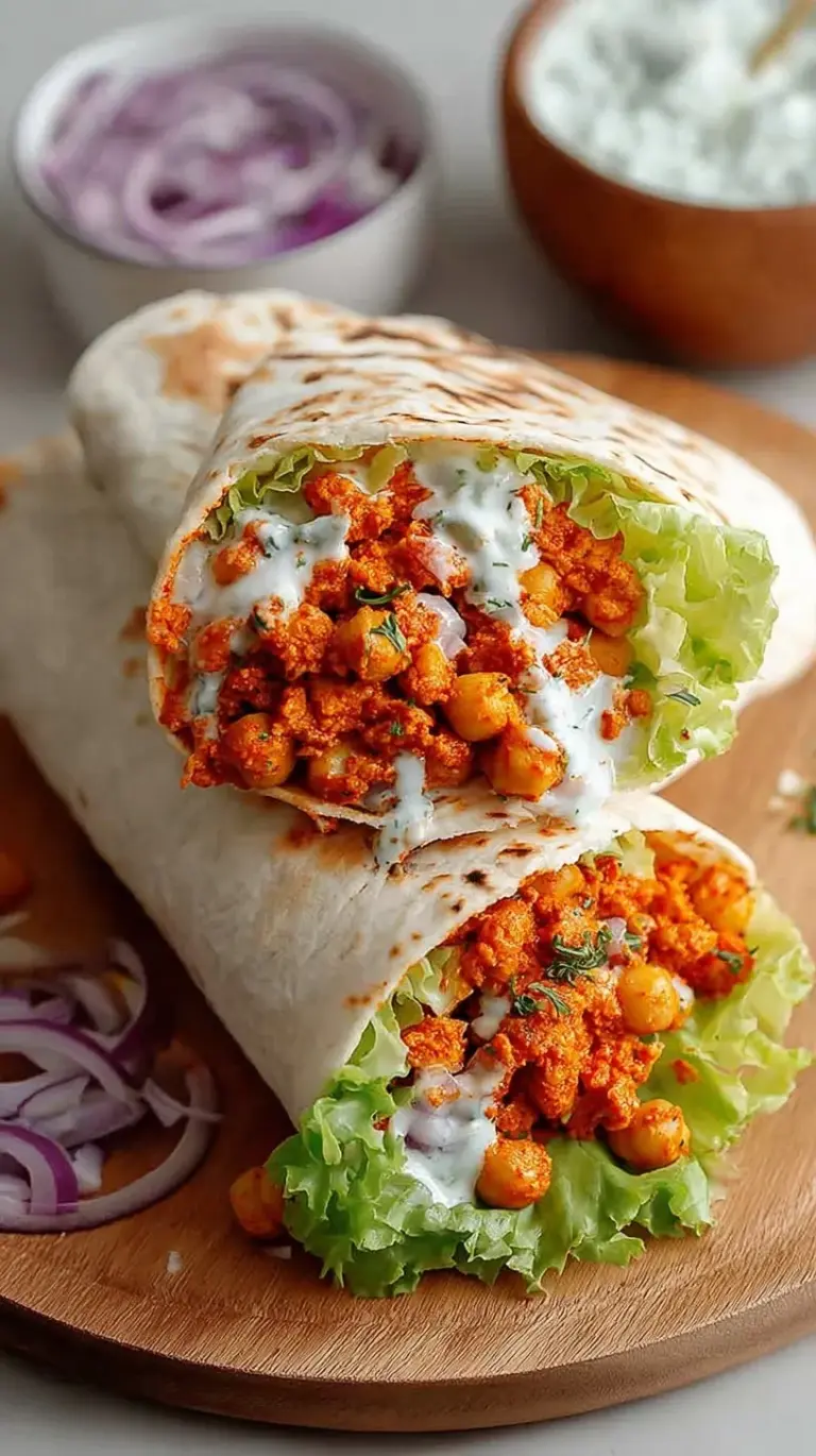 A close up of two sliced Buffalo Chickpea Salad Wraps showing the spicy chickpea filling, shredded carrots, and fresh romaine lettuce.