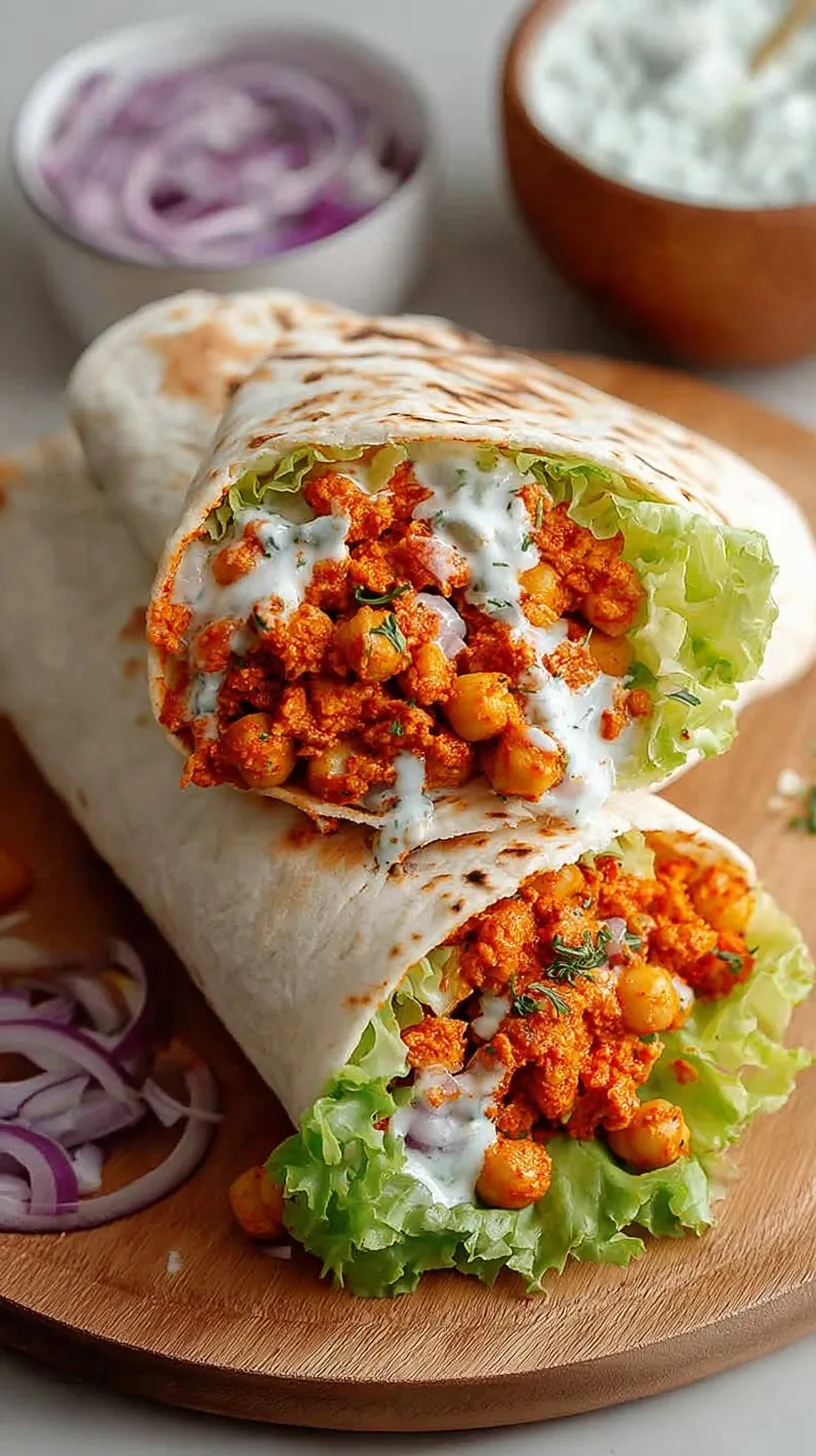 A close up of two sliced Buffalo Chickpea Salad Wraps showing the spicy chickpea filling, shredded carrots, and fresh romaine lettuce.