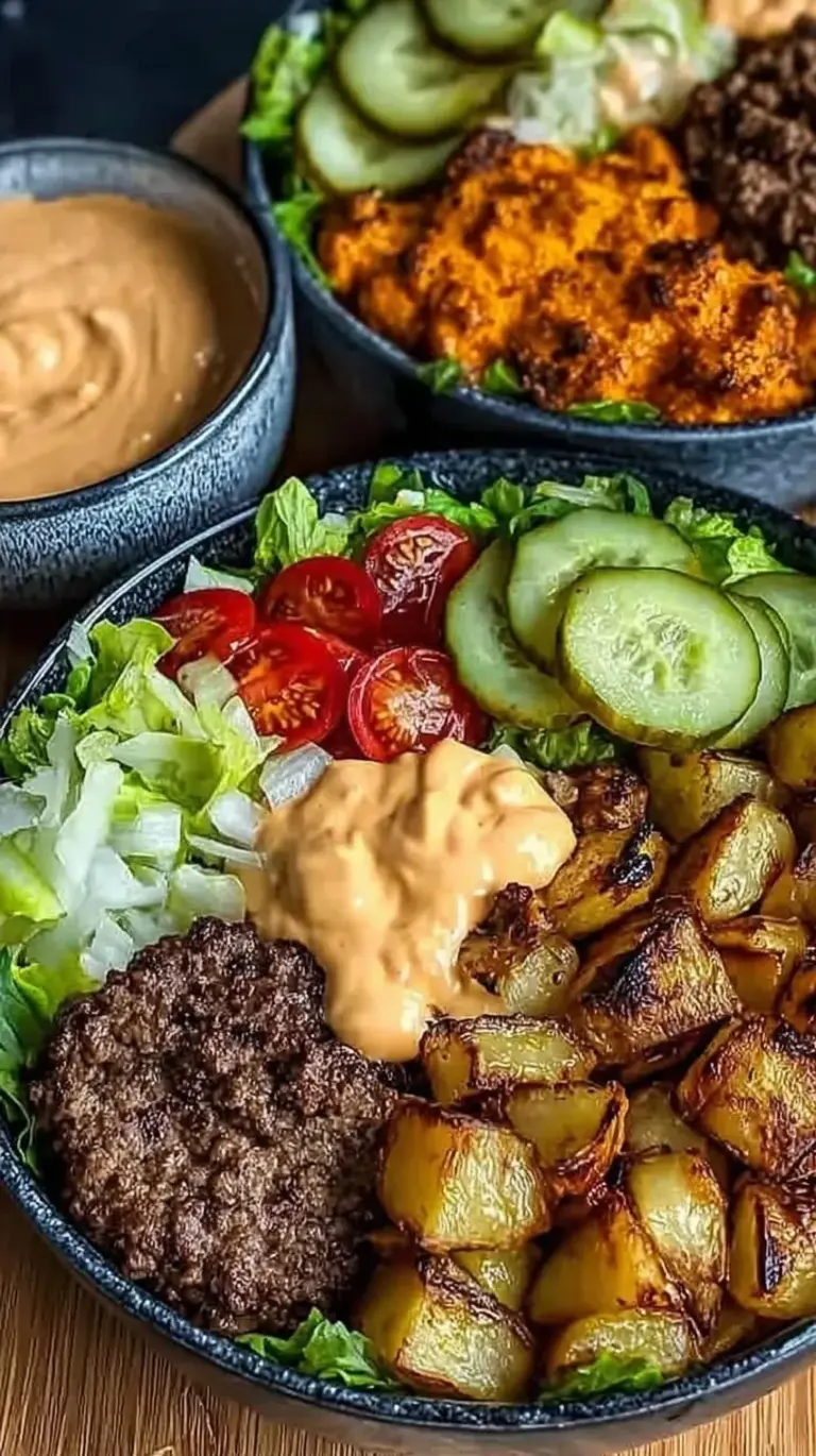 A vibrant bowl filled with seasoned ground beef, cherry tomatoes, red onions, and pickles over romaine lettuce with a creamy sauce drizzle.