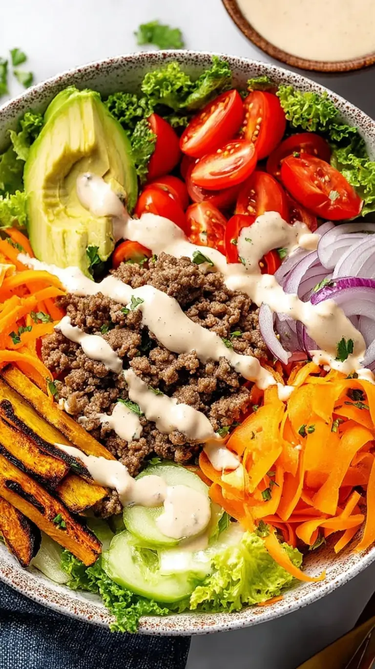 A fresh burger bowl with seasoned ground beef, shredded lettuce, cheddar cheese, pickles, and creamy orange sauce drizzled on top.