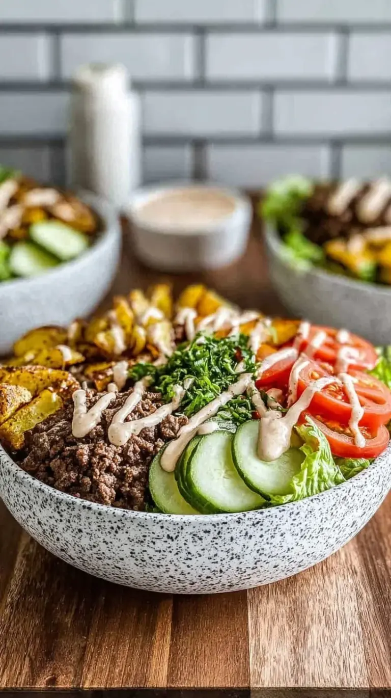 A vibrant burger bowl with seasoned ground beef, cherry tomatoes, red onions, pickles, and a creamy orange sauce drizzle.