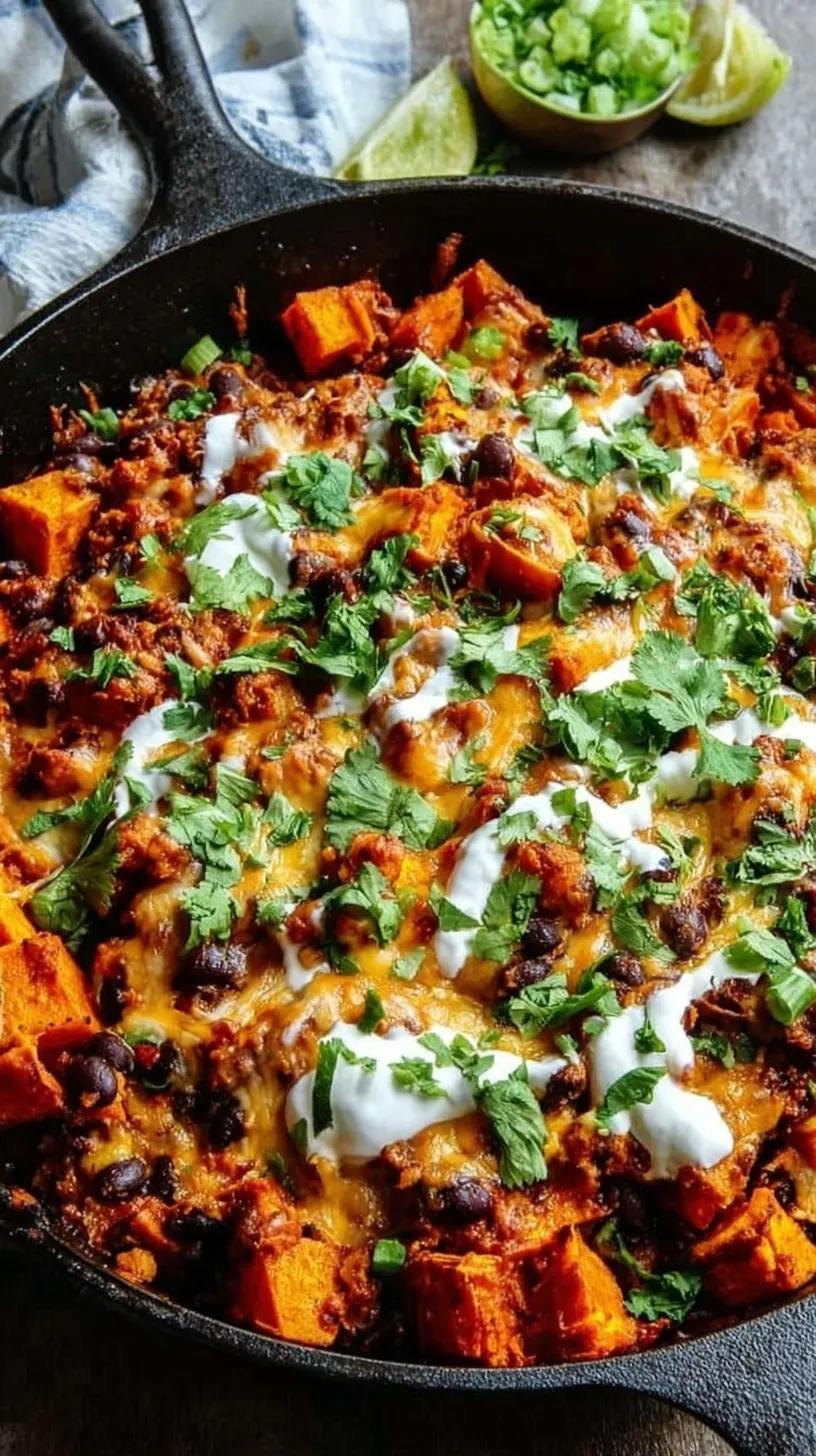 A bubbling skillet of butternut squash and black bean enchiladas topped with melted cheese and fresh cilantro.