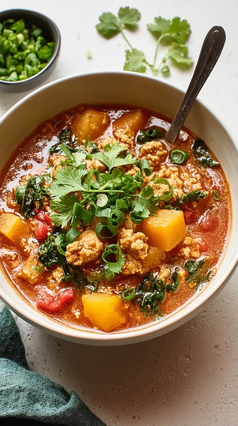 A steaming bowl of butternut squash turkey chili topped with fresh cilantro and avocado
