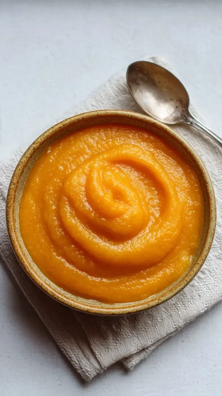 A bowl of smooth and creamy butternut squash puree garnished with a pinch of nutmeg