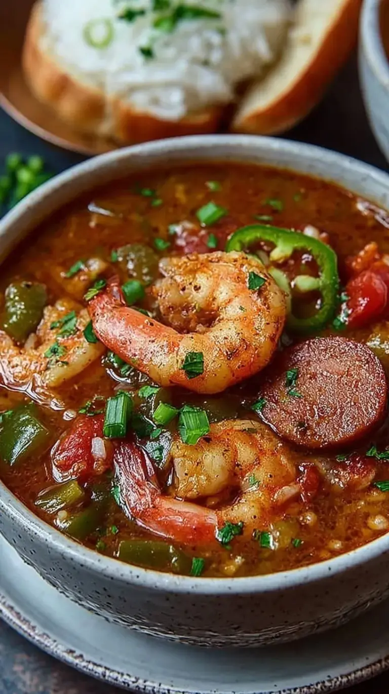 A steaming bowl of Cajun Jambalaya Soup with shrimp, sausage, and green onions