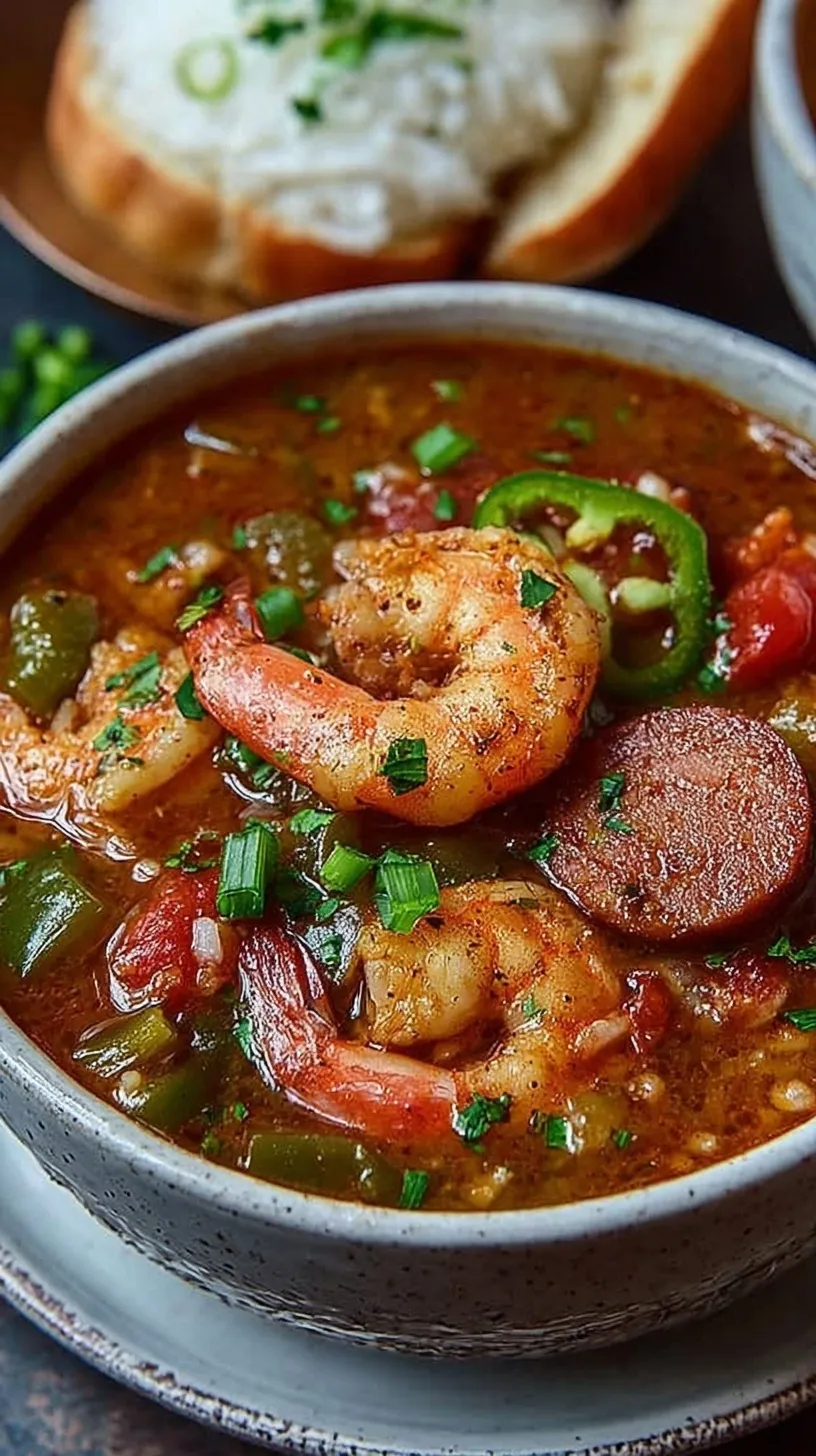 A steaming bowl of Cajun Jambalaya Soup with shrimp, sausage, and green onions