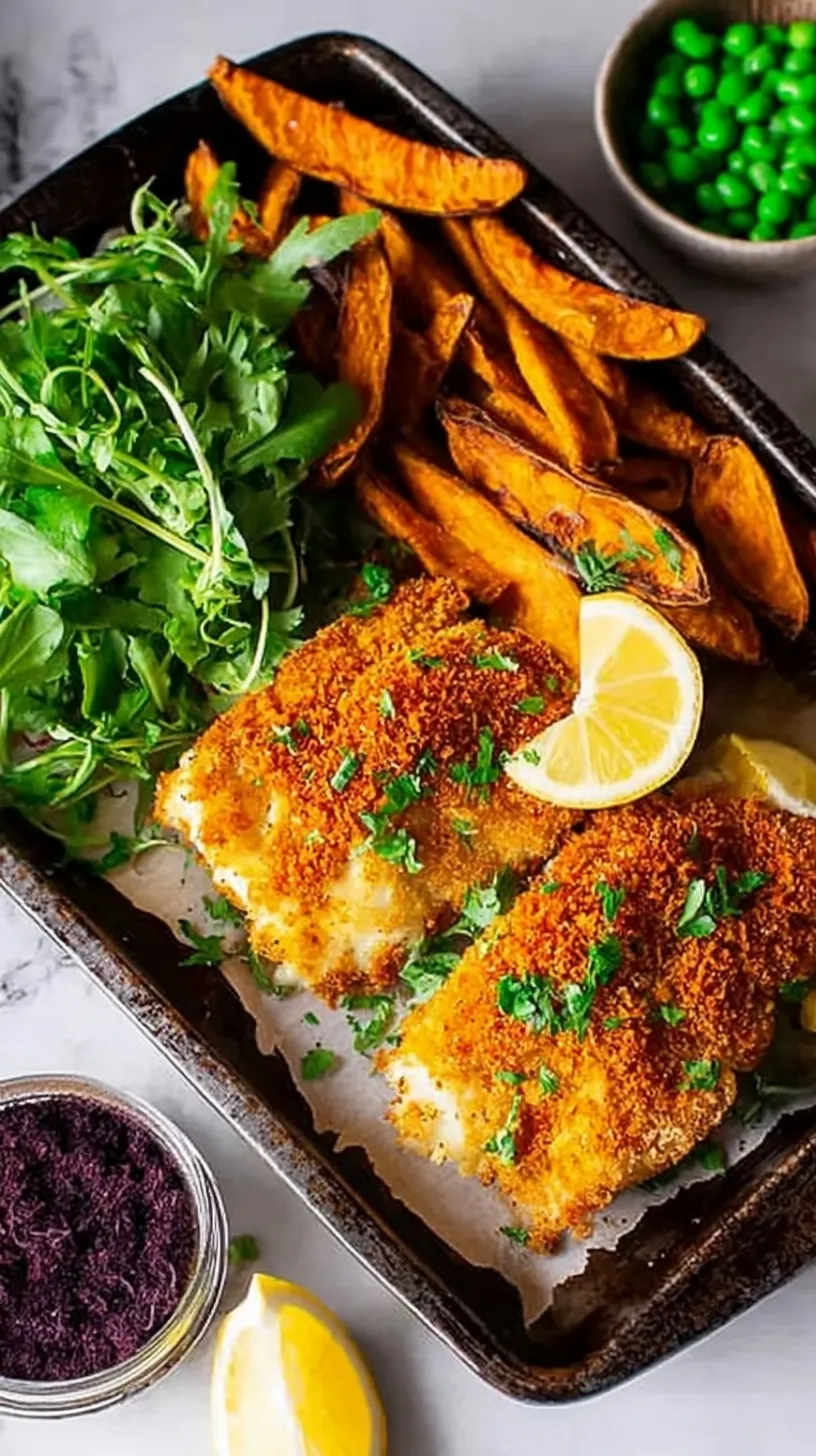 Pan-seared Cajun spiced fish served with crispy sweet potato chips and lemon wedges.