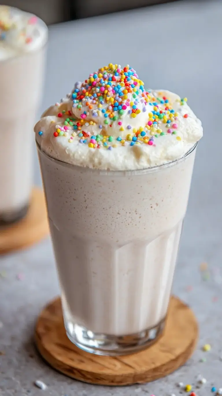 Creamy vanilla protein shake in a glass topped with rainbow sprinkles