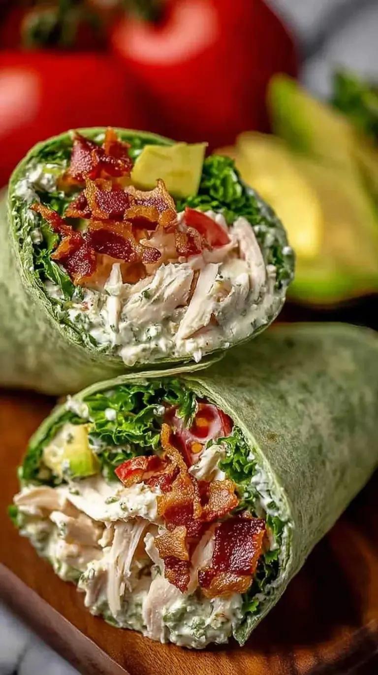 A close-up of a sliced California Club Wrap showing turkey, bacon, and avocado layers.
