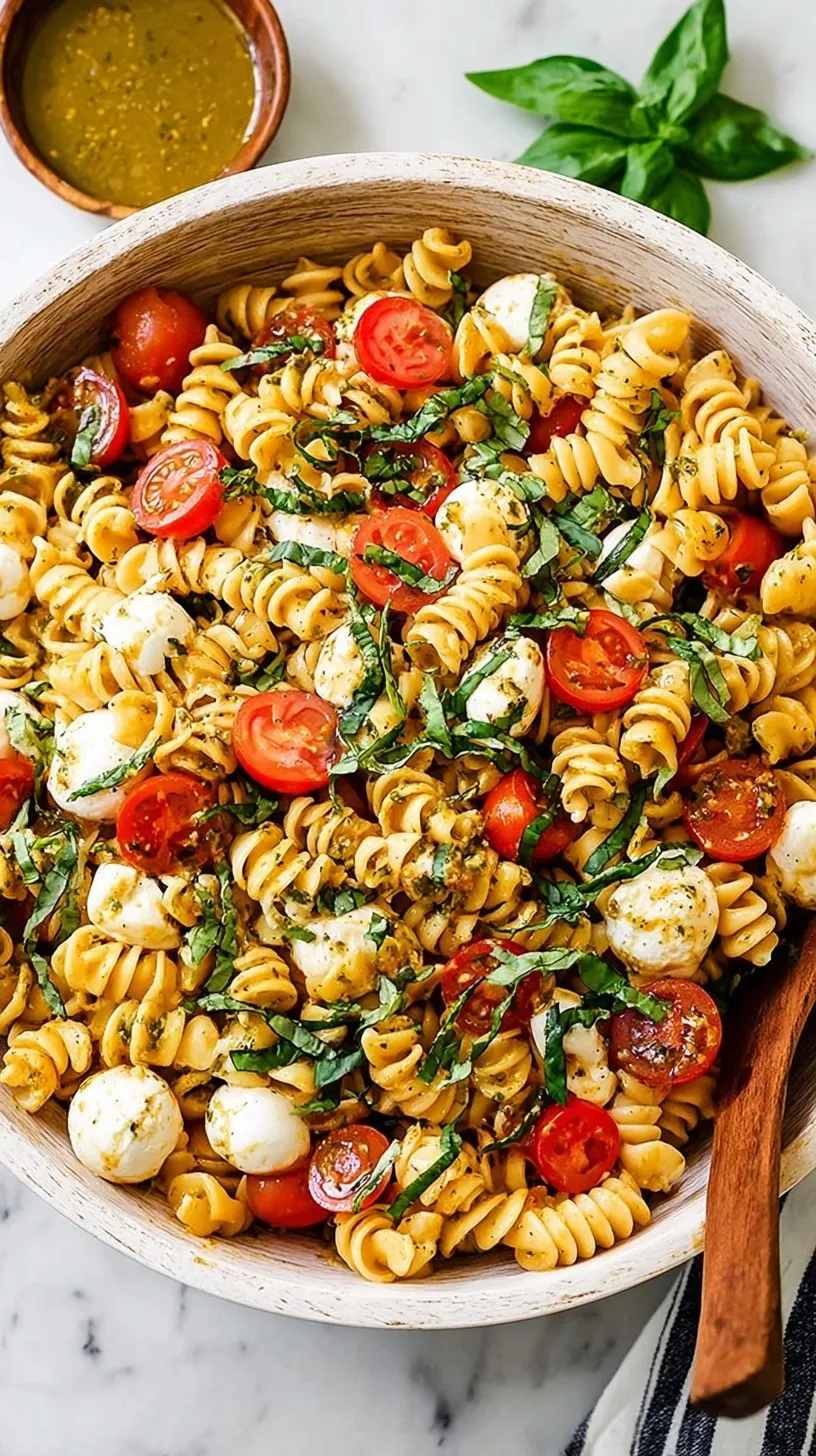 A vibrant bowl of Caprese Pasta Salad with rotini, mozzarella pearls, cherry tomatoes, and fresh basil leaves.
