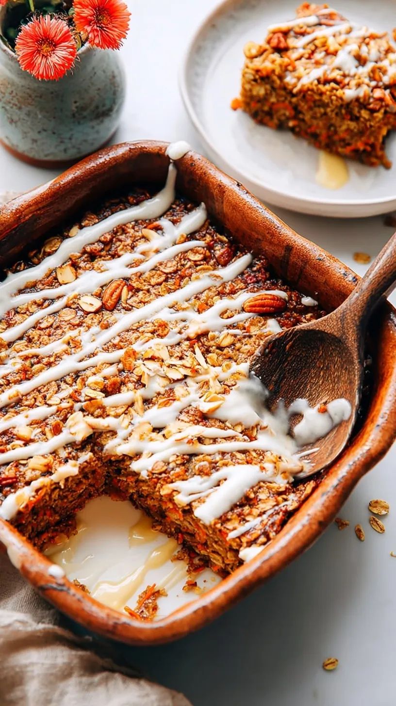 A square slice of golden brown carrot cake baked oatmeal topped with walnuts and raisins on a white plate.