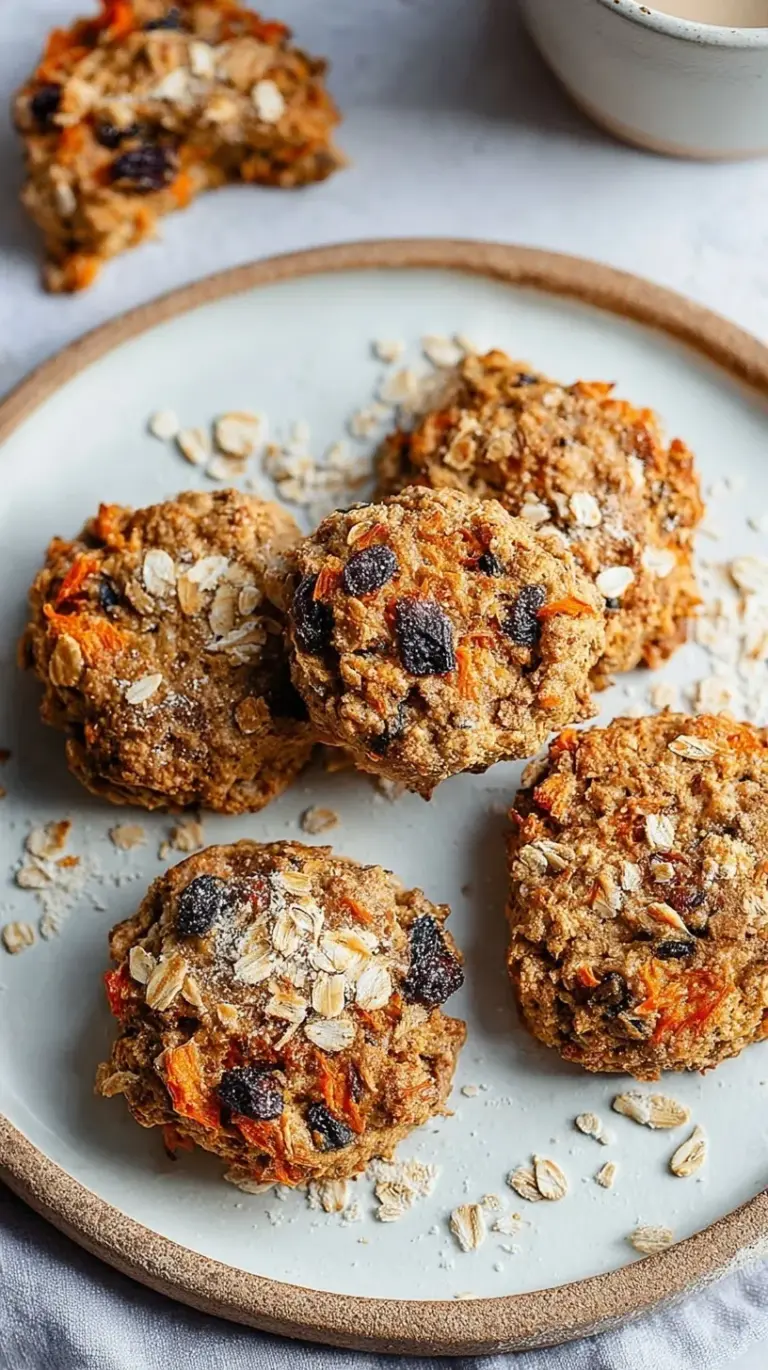 A stack of chewy carrot cake breakfast cookies with visible oats, grated carrots, and walnuts on a cooling rack.