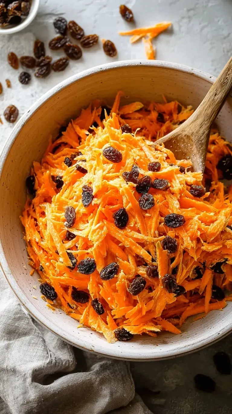 A bright bowl of creamy carrot raisin salad with shredded carrots and plump raisins in a white bowl.