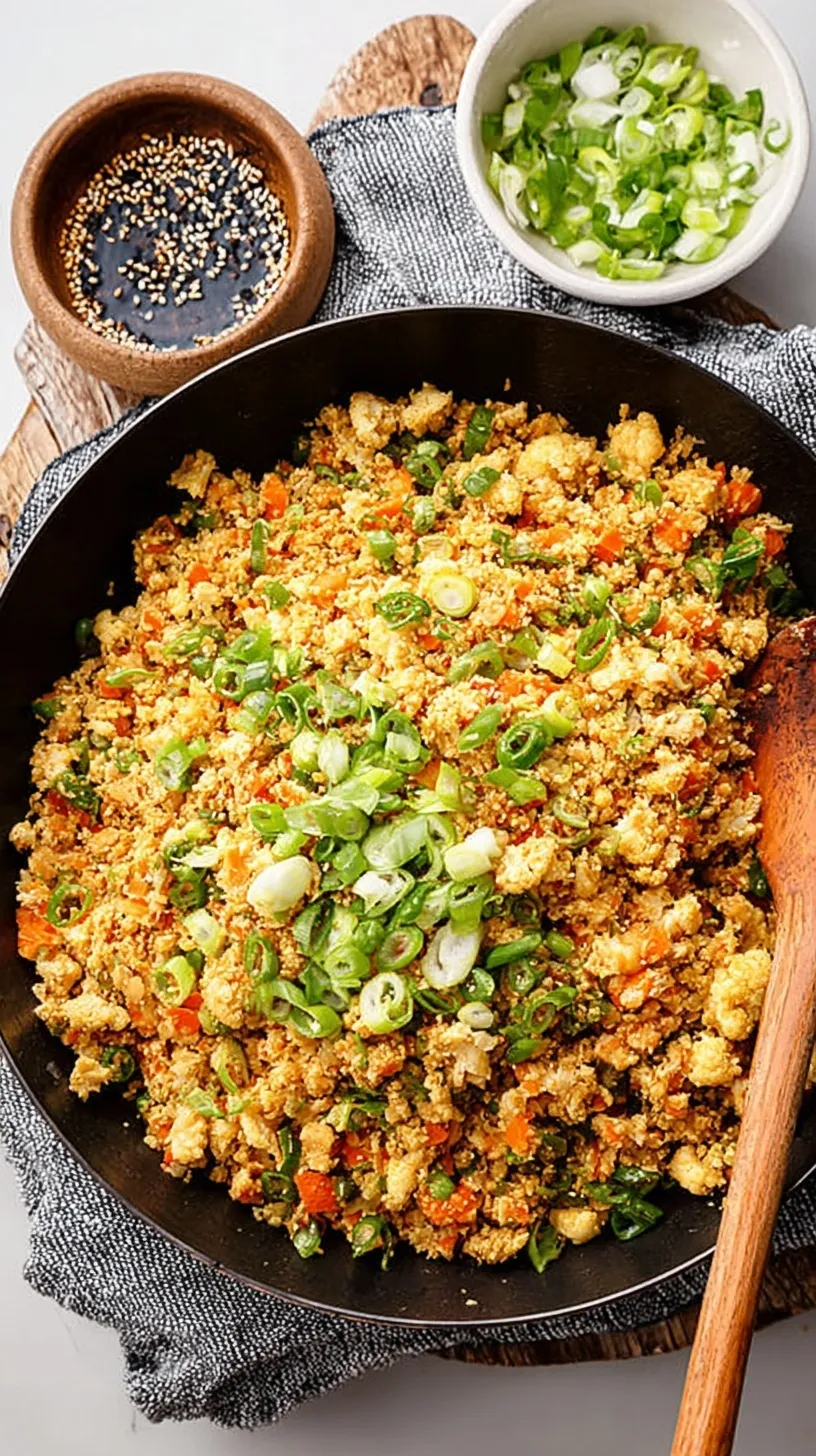 A vibrant bowl of cauliflower fried rice with peas, carrots, and green onions