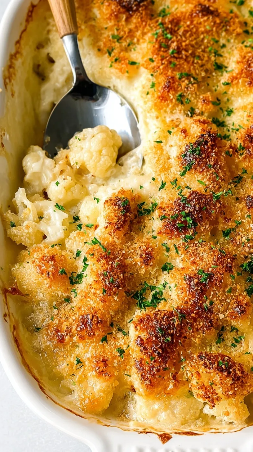 A golden brown cauliflower gratin in a white baking dish with melted cheese and crispy breadcrumbs.