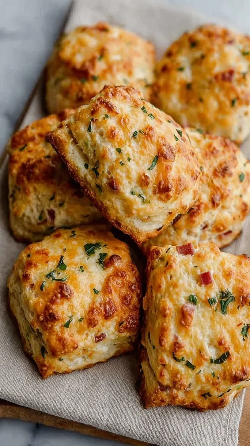 Golden brown Cheddar Ham Protein Biscuits stacked on a baking sheet with melted cheese visible.