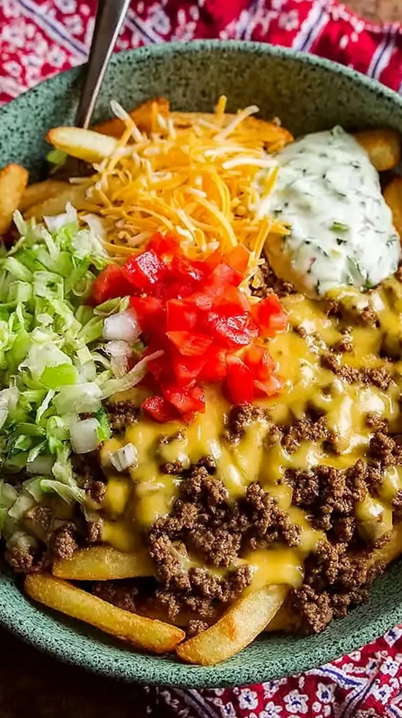 A vibrant cheeseburger bowl with seasoned ground beef, melted cheddar, pickles, and red onions over lettuce.