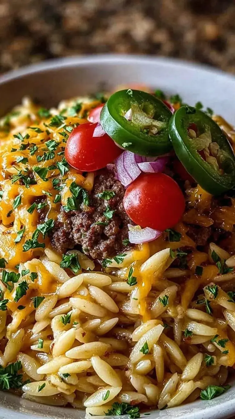 A skillet filled with creamy cheeseburger orzo topped with melted cheddar and diced pickles.
