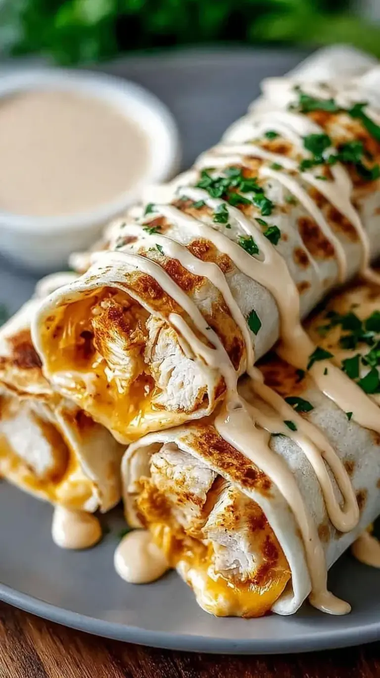 Four golden-brown Cheesy Garlic Chicken Wraps sliced and stacked on a plate.