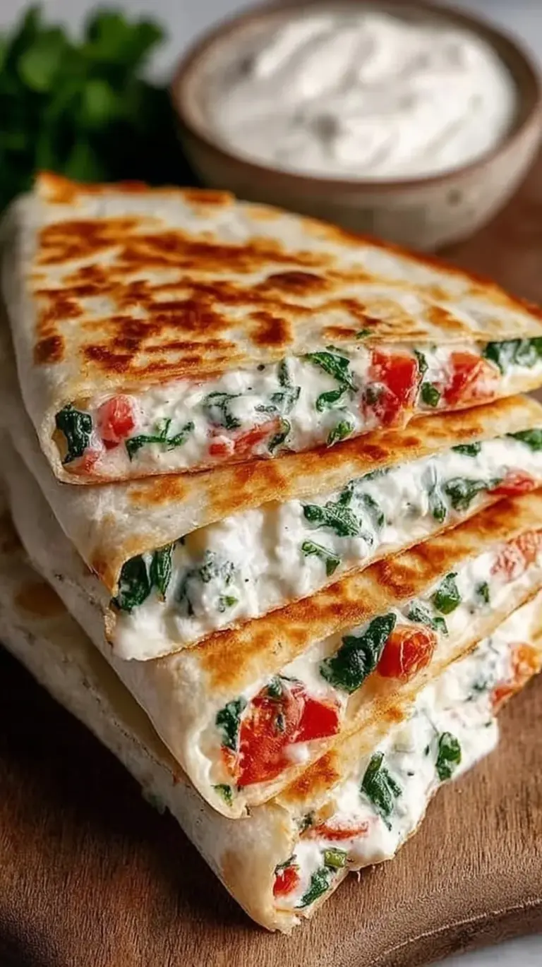 A crispy golden brown Mediterranean Quesadilla sliced into wedges showing melted cheese and sun-dried tomatoes