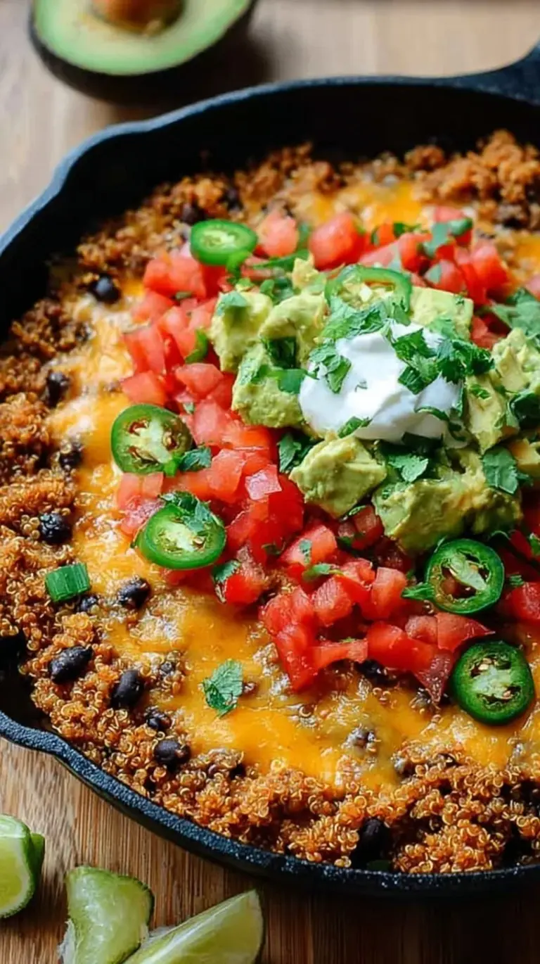 A steaming skillet of cheesy quinoa, black beans, and corn garnished with fresh cilantro