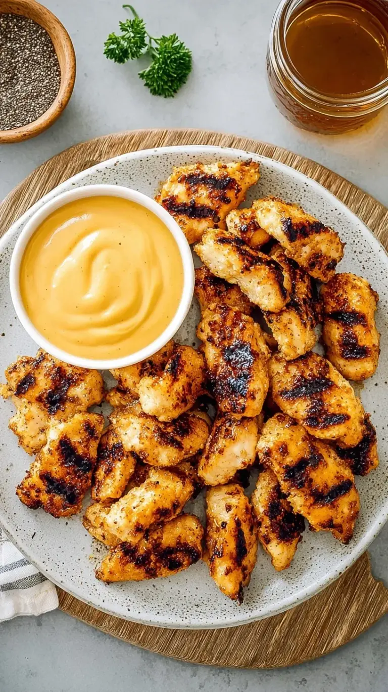 Golden brown grilled chicken nuggets in a bowl with dipping sauce