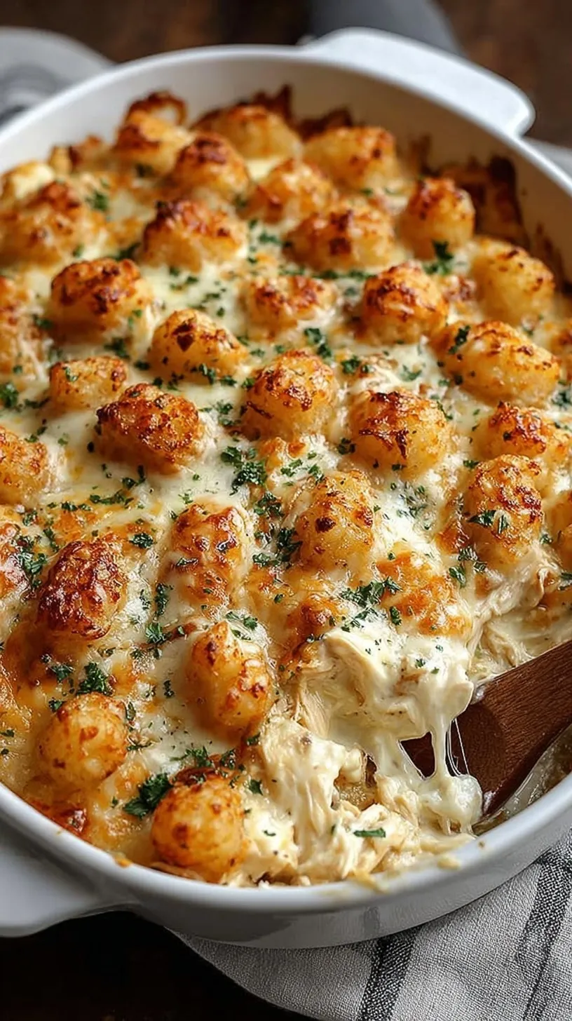 Golden brown tater tots over a creamy chicken alfredo base in a baking dish