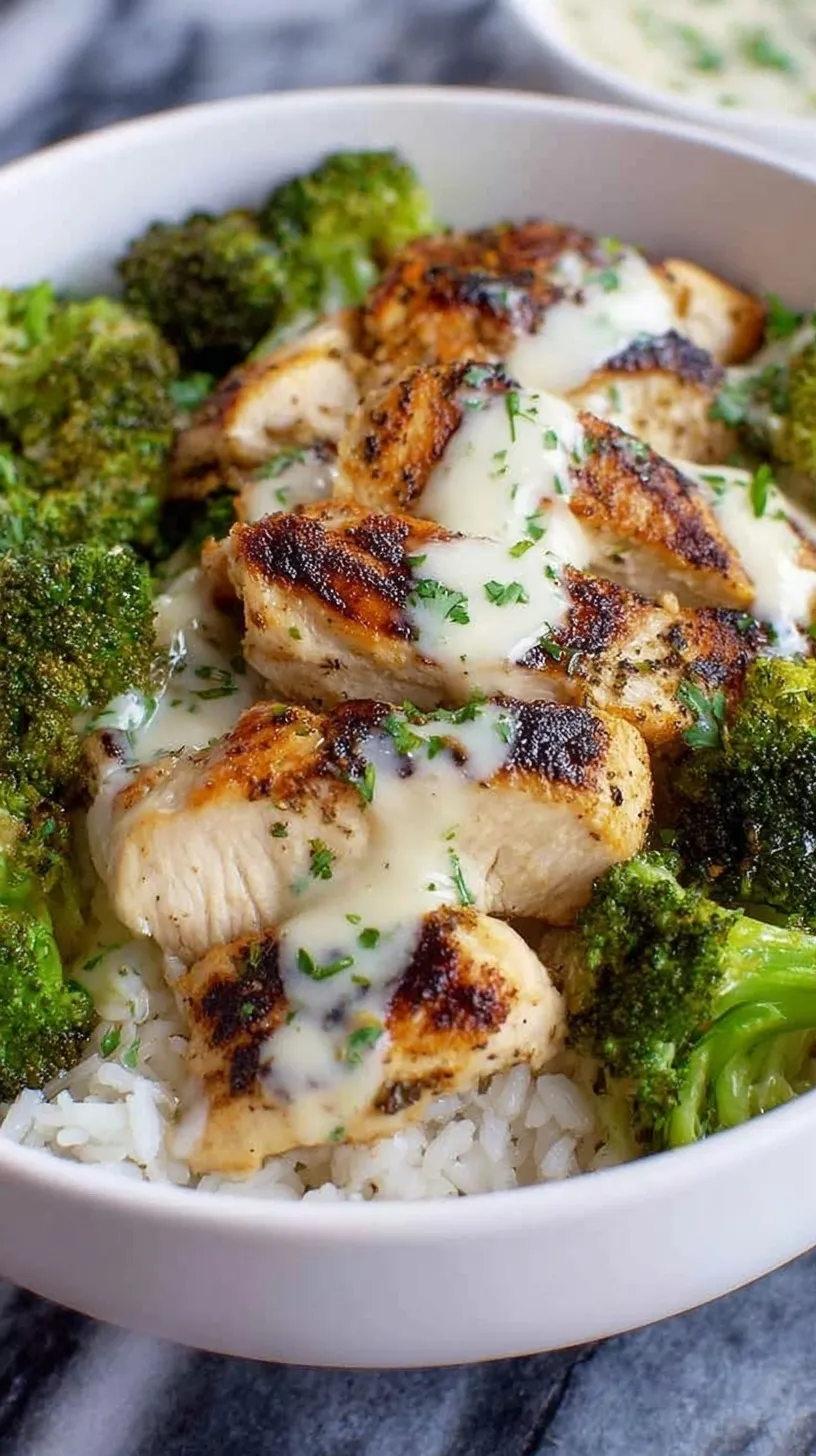 A bowl of jasmine rice topped with seared chicken and broccoli in a thick white garlic sauce.