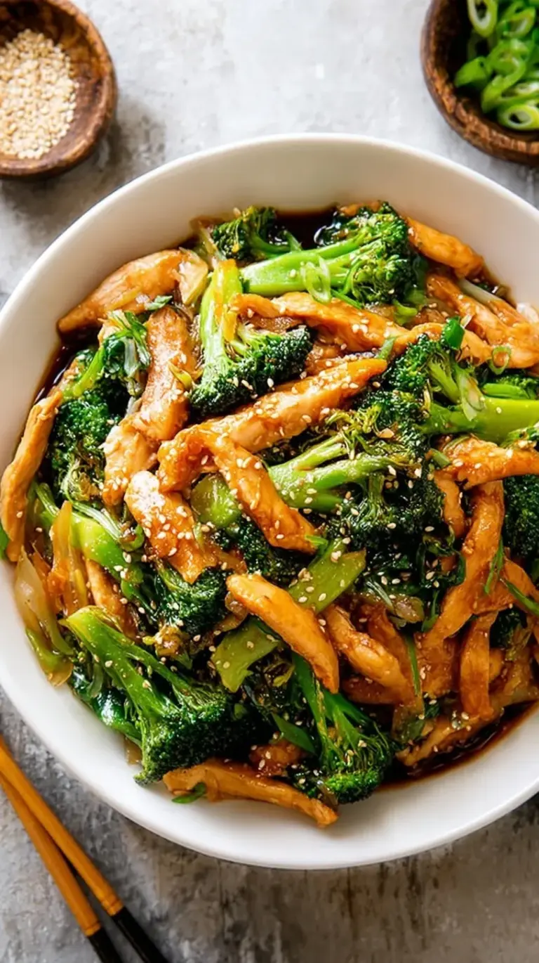 Close up of glossy chicken and broccoli stir fry in a dark skillet with sesame seeds