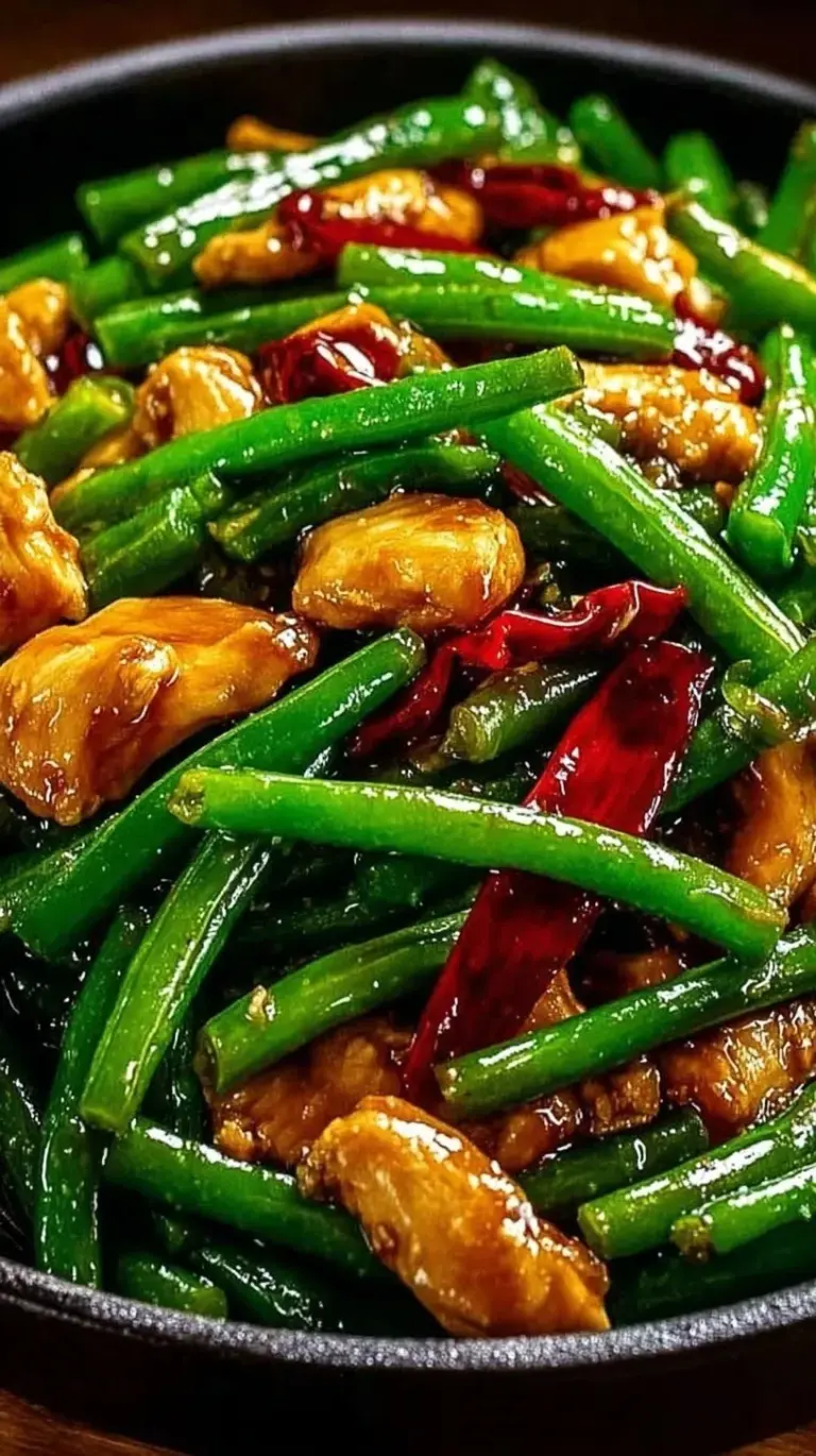 A close-up shot of juicy chicken strips and charred green beans in a glossy brown sauce.