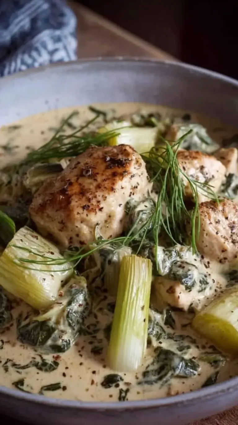 Skillet of creamy chicken and leeks garnished with fresh parsley