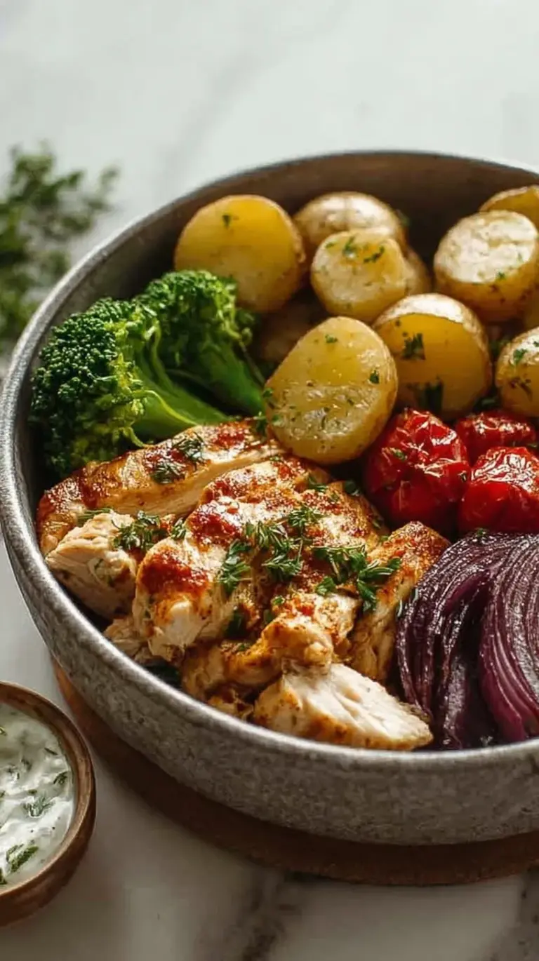 A vibrant meal bowl featuring golden roasted Yukon Gold potatoes, seasoned chicken cubes, and wilted green spinach with a lemon wedge.