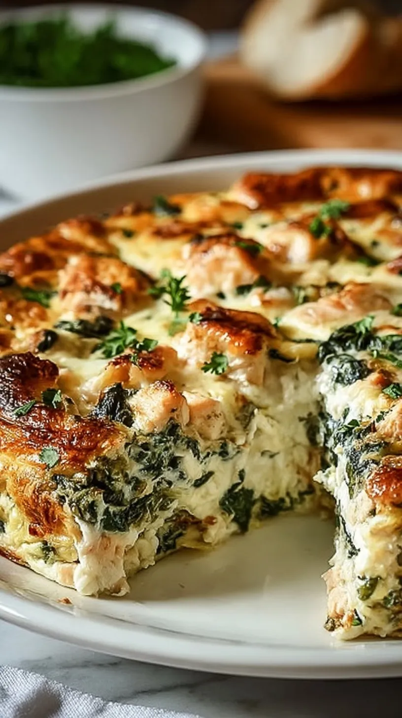 A bubbling Chicken and Spinach Casserole with Cream Cheese and melted mozzarella.