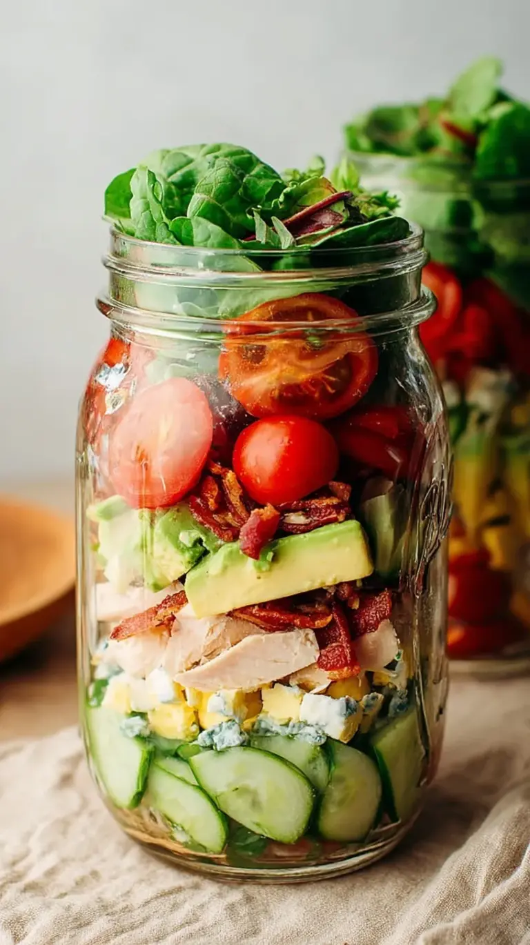 A layered Chicken Avocado Club Mason Jar Salad with ranch, tomatoes, chicken, bacon, avocado, and lettuce.