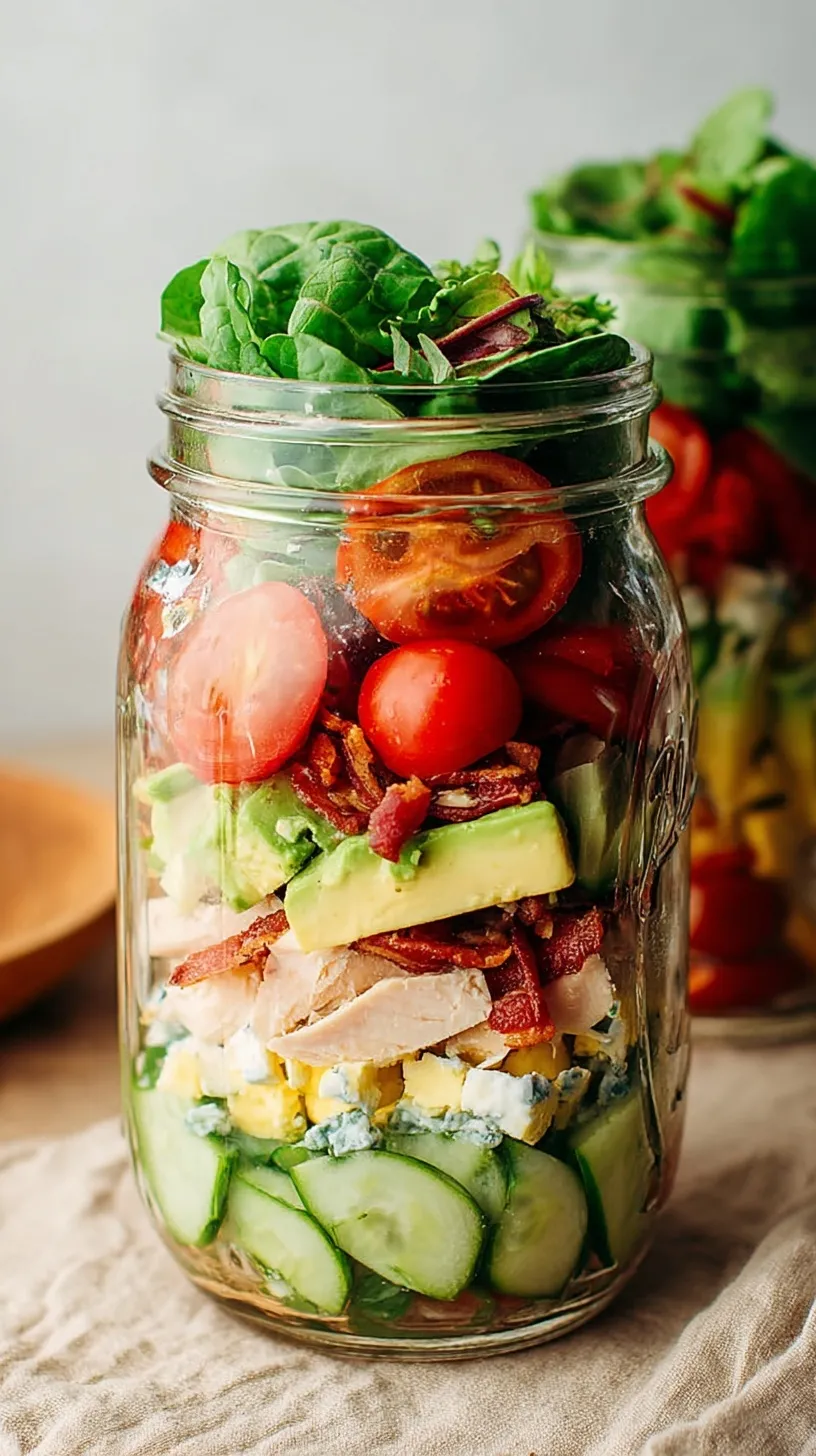A layered Chicken Avocado Club Mason Jar Salad with ranch, tomatoes, chicken, bacon, avocado, and lettuce.