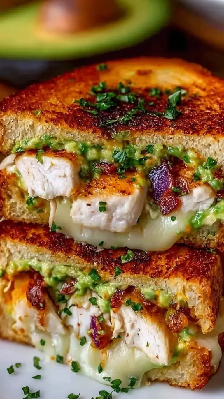 A toasted Chicken Avocado Melt Sandwich sliced in half with melted cheese and fresh avocado showing.