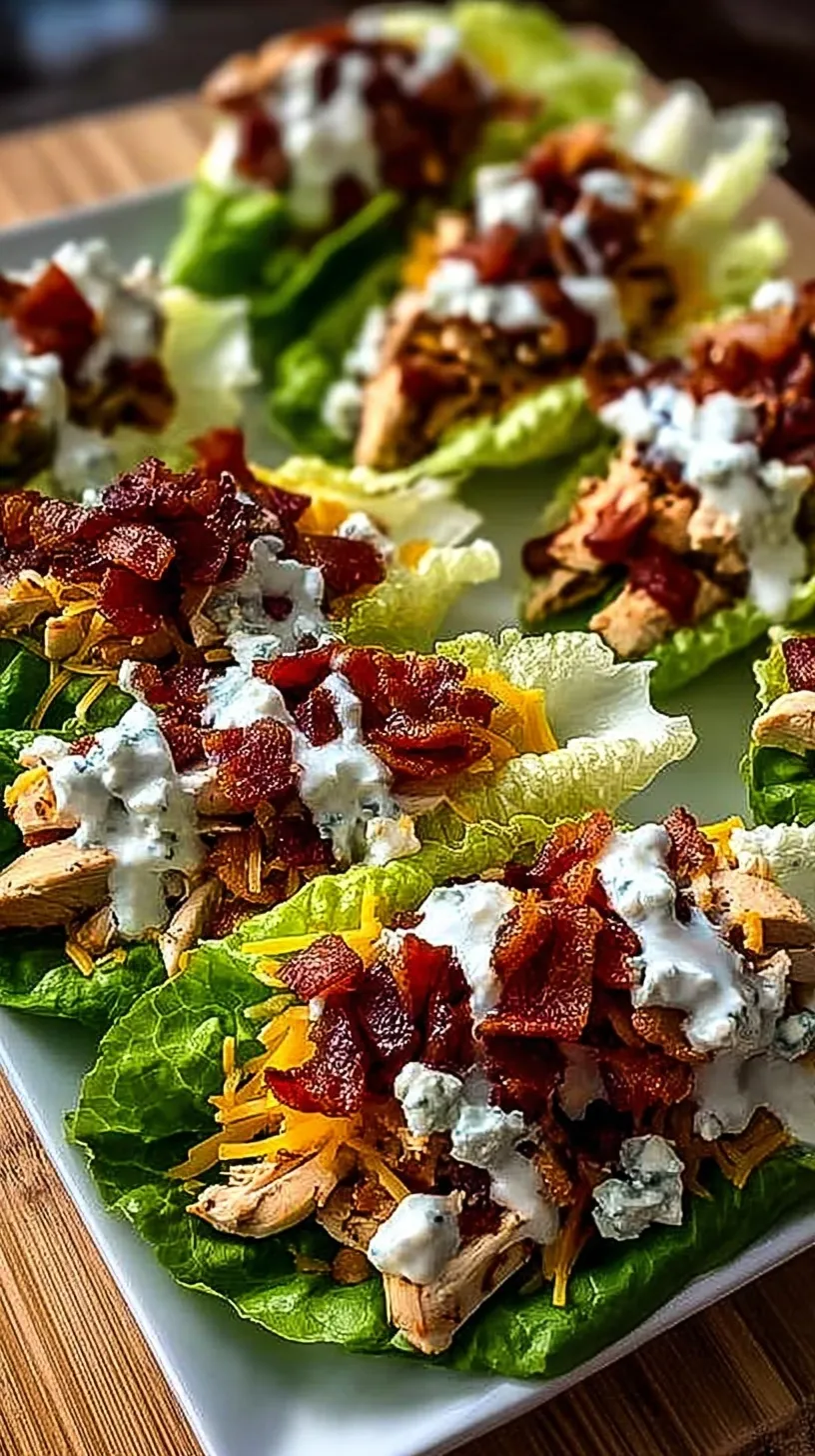 Chicken Bacon Ranch Lettuce Boats topped with cherry tomatoes on a white platter