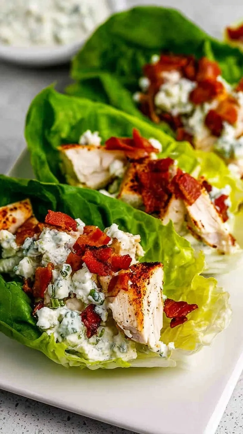 Close up of four butter lettuce leaves filled with chicken, bacon, ranch, and cheese on a white platter.